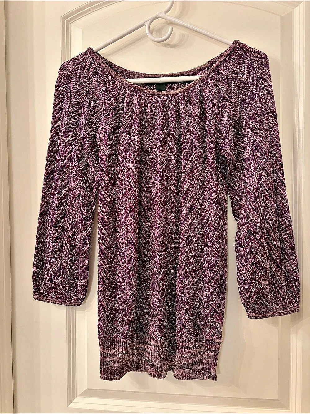 INC International Concepts Purple & Metallic Silver Chevron Knit Top